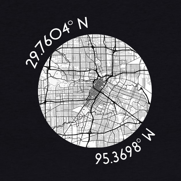 Houston Coordinates (latitude and longitude) in white text around map of H-Town, Texas by AtlasMirabilis